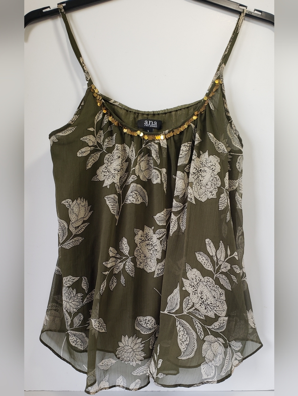 a.n.a Olive Green Floral Sequin-Trim Spaghetti Strap Top Women's Size L
